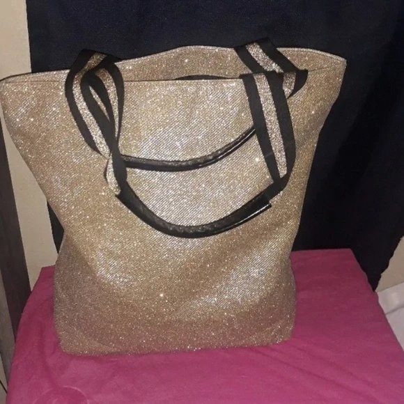 NWOT Victoria Secret Glitter Gold Tote size 17" by 17" - Picture 2 of 4